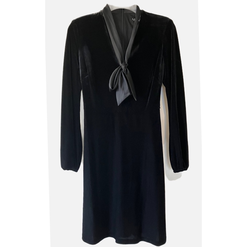 Beautiful Ralph Lauren black velvet dress with attached tie/bow, knee length.